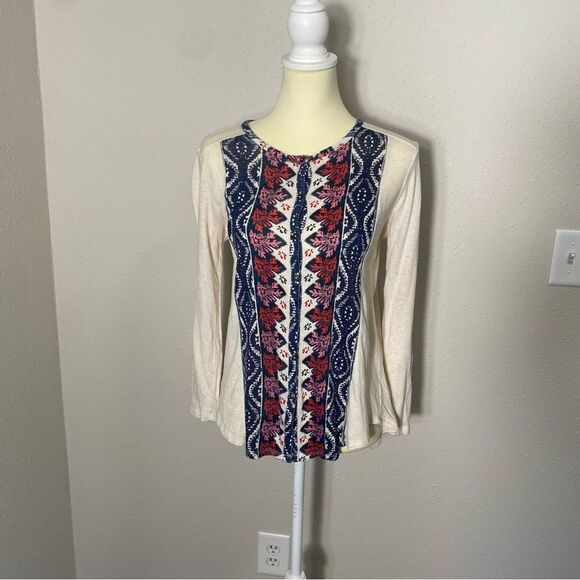 Lucky Brand Boho Southwest Long Sleeve Roll Tab Button Front top Women's Size M - Picture 13 of 16
